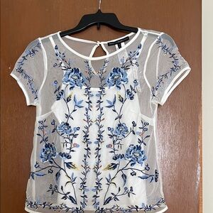 White House Black Market Sheer White Top with Blue Floral Embroidery